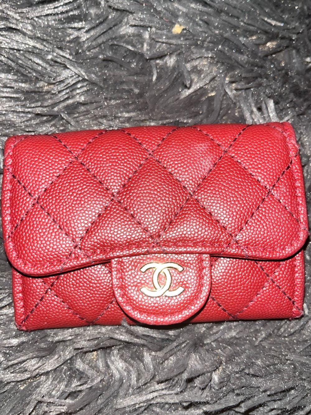 CHANEL Quilted Red Caviar Leather Mini Wallet with Gold CC